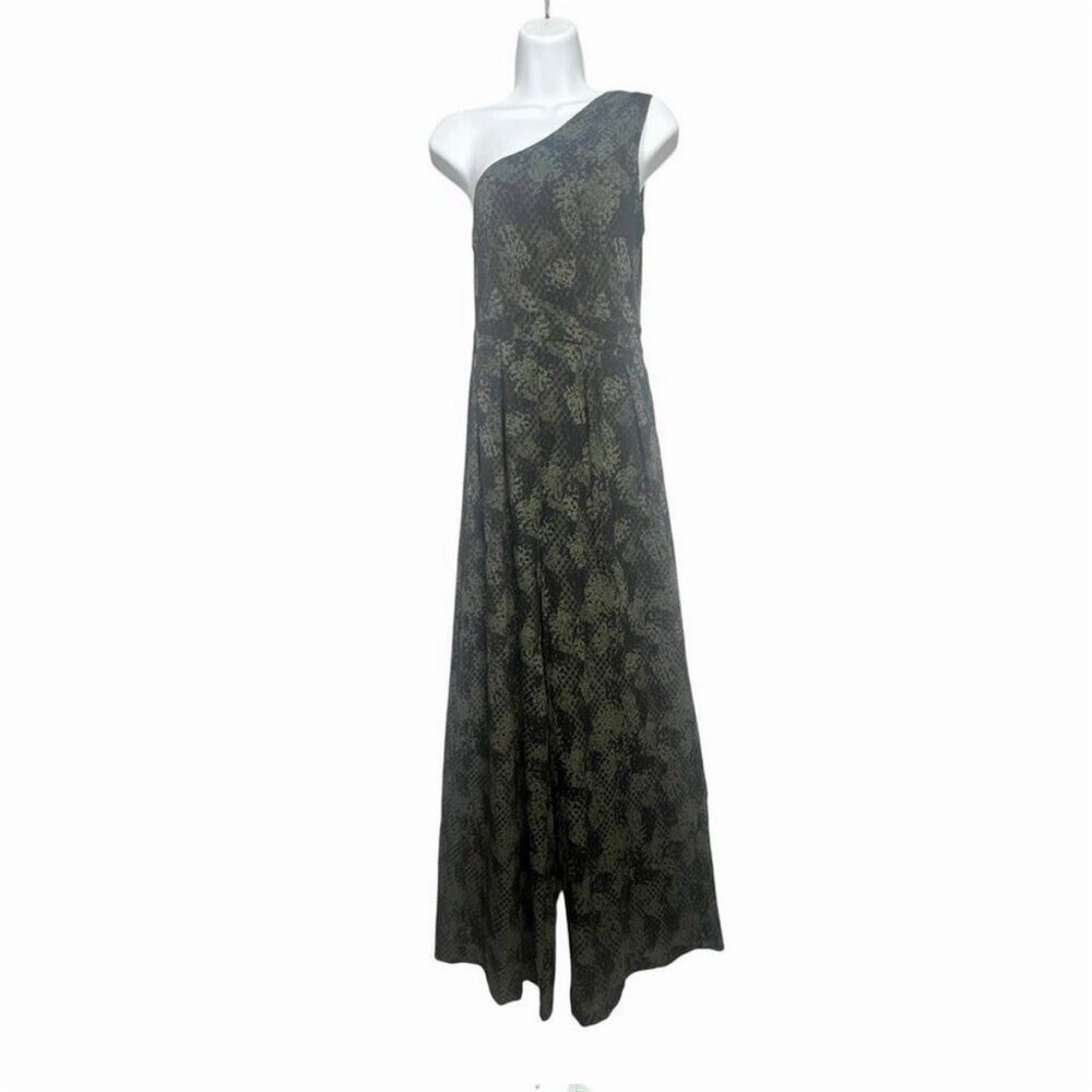 NWT Free People Jumpsuit Womens Size M Green Snake Print One-Shoulder Wide-Leg